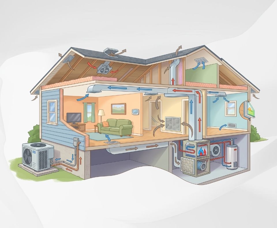 Cutaway view of a house showing the HVAC system: ducts, vents, furnace, and outdoor AC unit distributing heated and cooled air through rooms.