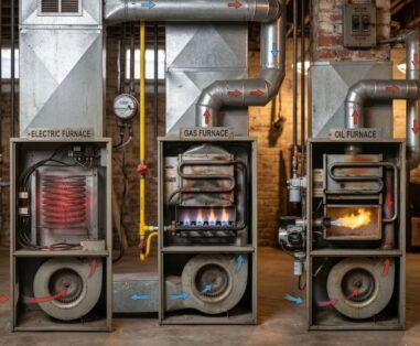 Three furnaces labeled Electric, Gas, and Oil furnace with pipes and flames visible in the middle and right units, showing heating equipment and airflow ducts.