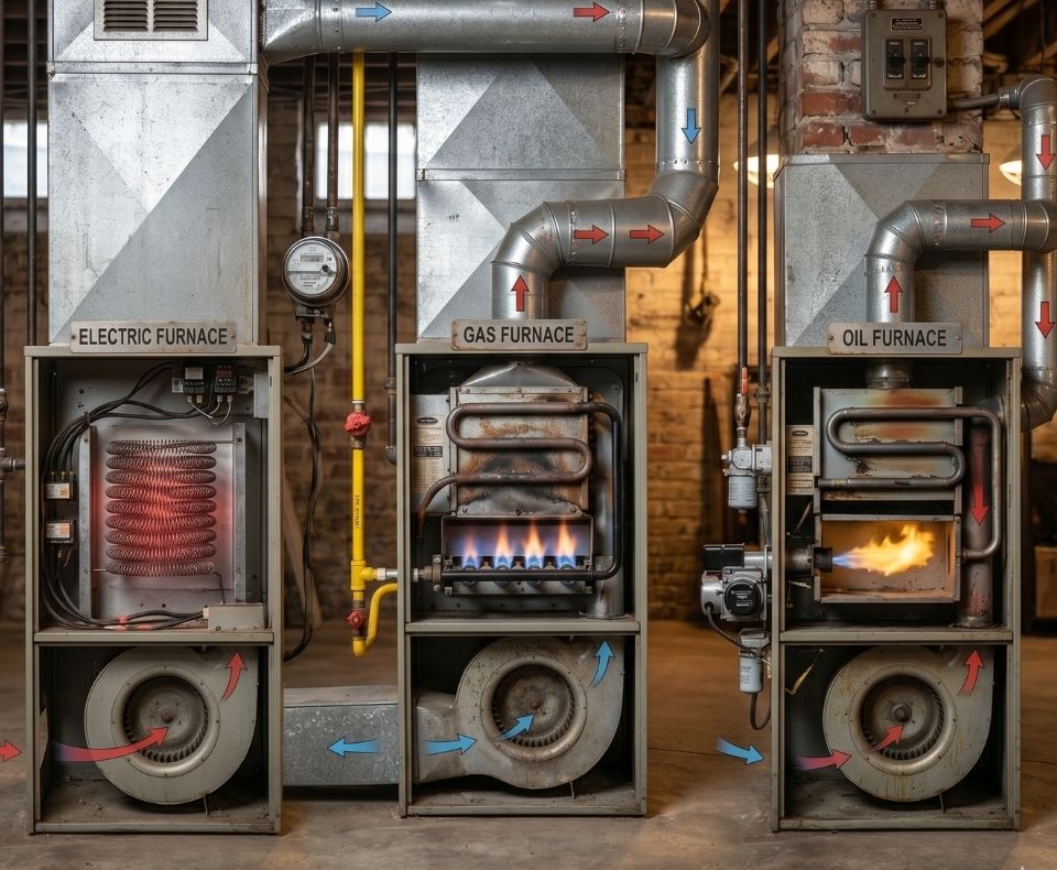Three furnaces labeled Electric, Gas, and Oil furnace with pipes and flames visible in the middle and right units, showing heating equipment and airflow ducts.