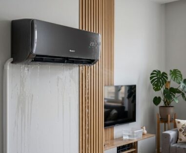 Wall-mounted air conditioner leaking water in a modern living room with wooden slats and a TV nearby.