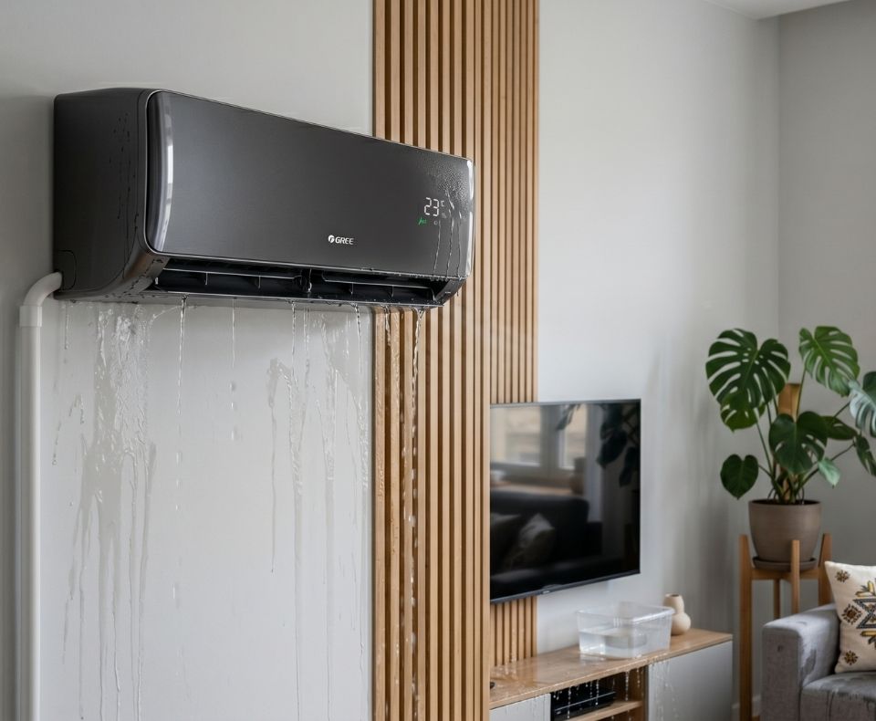 Wall-mounted air conditioner leaking water in a modern living room with wooden slats and a TV nearby.