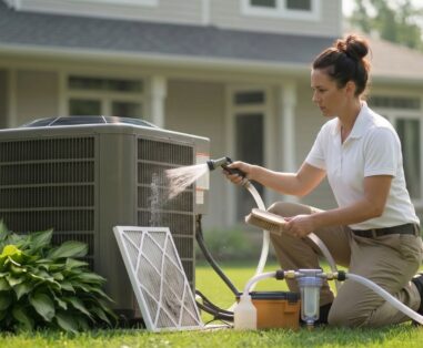 Female technician cleaning an outdoor air conditioner condenser with a hose and brush in a suburban yard.