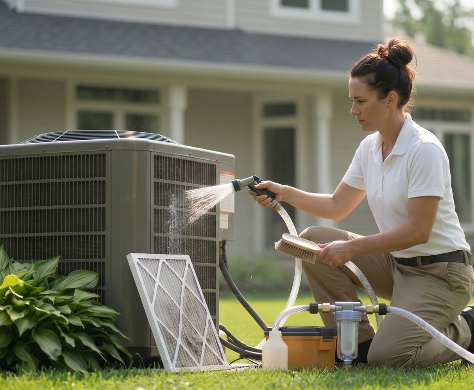 Female technician cleaning an outdoor air conditioner condenser with a hose and brush in a suburban yard.