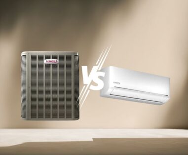 Lennox outdoor condenser and a wall-mounted indoor AC unit face off with a bold “VS” between them, highlighting a cooling system comparison.