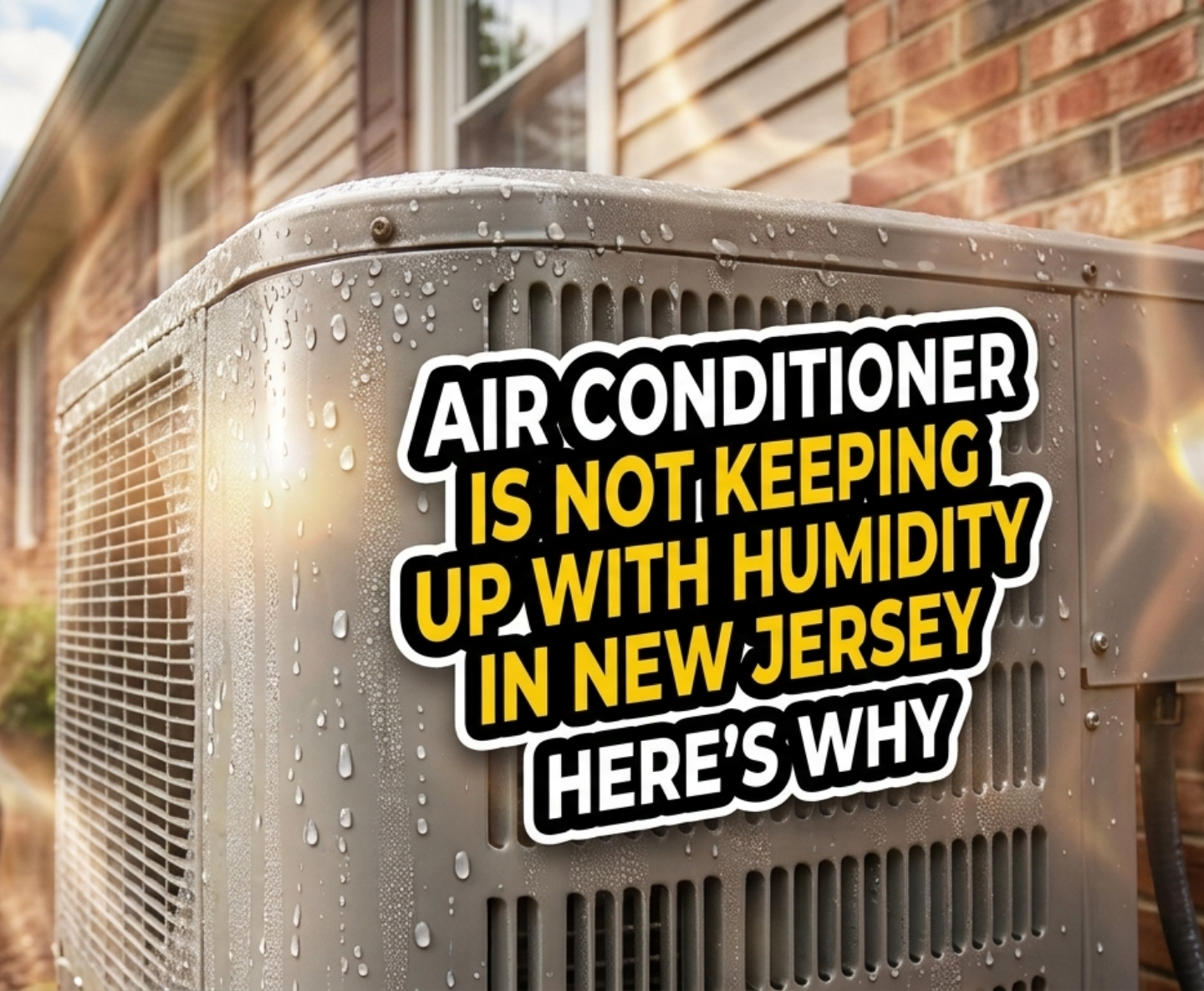 Outdoor AC unit with bold sticker text: 'Air conditioner is not keeping up with humidity in New Jersey—here's why' (thumbnail for article/guide)