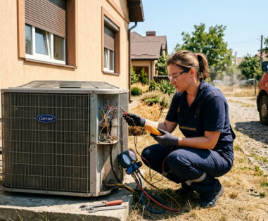 HVAC technician in safety gear inspecting a residential outdoor air conditioner condenser with gauges and wires connected.